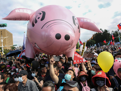 People attend the annual pro-labor march 'Autumn Struggle' to protest against the lifting of restrictions on US pork containing ractopamine feed additive, in Taipei on November 22, 2020. (Photo by HSU Tsun-hsu / AFP) (Photo by HSU TSUN-HSU/AFP via Getty Images)