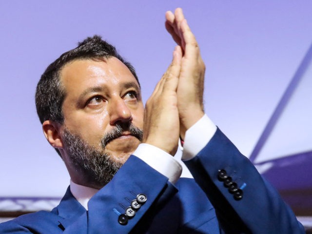 Italian Federal Secretary of Lega party and former Deputy Prime Minister of Italy Matteo Salvini applauds as he attends the closing ceremony of the third Chega National Congress in Coimbra, on May 30, 2021. (Photo by PEDRO ROCHA / AFP) (Photo by PEDRO ROCHA/AFP via Getty Images)