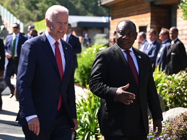 CARBIS BAY, CORNWALL - JUNE 12: US President Joe Biden talks with South Africa's President