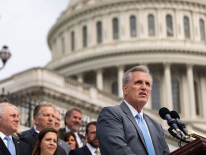 WASHINGTON, DC - JULY 29: Surrounded by members of the House Republican Conference, House Minority Leader Kevin McCarthy (R-CA) speaks during a news conference outside the U.S. Capitol on July 29, 2021 in Washington, DC. McCarthy and Republicans criticized the Biden administration on a wide array of issues, including the …