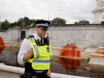 A police officer patrols past red stains on the Queen Victorial Memorial outside Buckingham Palace in central London on August 26, 2021 after climate activists from the Extinction Rebellion conducted a protest action as part of the group's 'Impossible Rebellion' series of actions. - Climate change demonstrators from environmental activist …