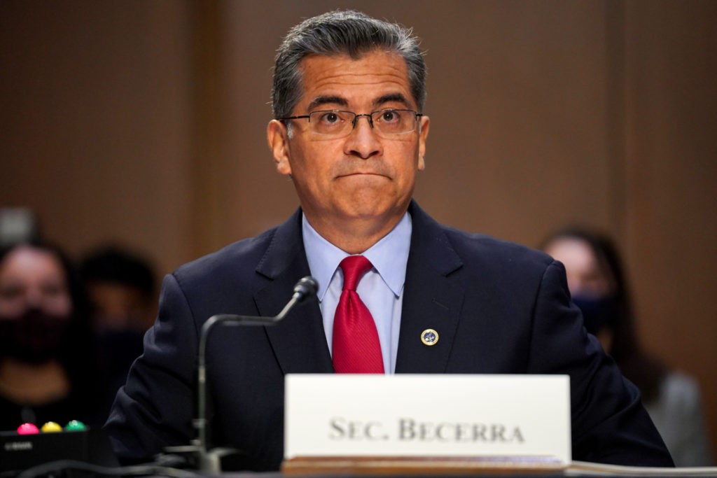 WASHINGTON, DC - SEPTEMBER 30:  Secretary of Health and Human Services Xavier Becerra listens to question from Sen. Rand Paul (R-Ky.) during a Senate Health, Education, Labor, and Pensions Committee hearing to discuss reopening schools during Covid-19 at Capitol Hill on September 30, 2021 in Washington, DC. (Photo by Greg Nash- Pool/Getty Images)