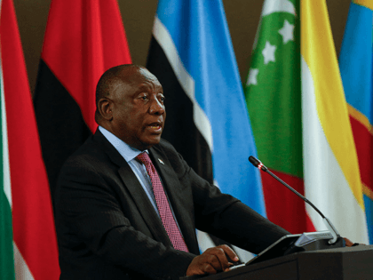 South African President and Southern African Development Community (SADC) Chairperson on Politics, Defence and Security Cooperation Cyril Ramaphosa deliver opening remarks during the Extraordinary Summit of the SADC Organ Troika Plus the Republic of Mozambique at the OR Tambo Building in Pretoria, on October 5, 2021. The Summit will receive …