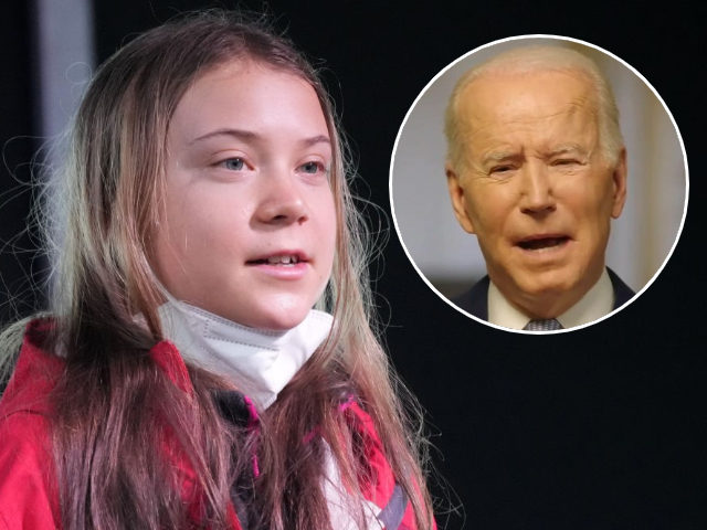 (INSET: Joe Biden) Climate activist, Greta Thunberg speaks during the Fridays For Future m