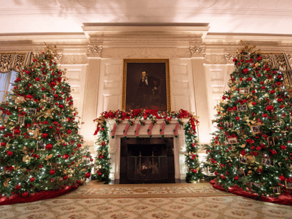 Christmas trees are seen in the State Dining room during a press preview of the White Hous