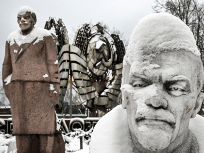 A huge state emblem of the USSR which was removed from an avenue after the collapse of the Soviet Union in 1991 and sculptures of Vladimir Lenin, the founder of the USSR, seen covered with snow in a modern history sculpture park in Moscow on December 8, 2021. - US …