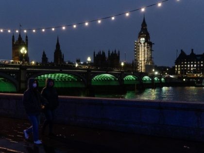 TOPSHOT - Pedestrians walk along the Thames river embankment with the Houses of Parliament in the background, in central London on December 11, 2021. (Photo by Niklas HALLE'N / AFP) (Photo by NIKLAS HALLE'N/AFP via Getty Images)