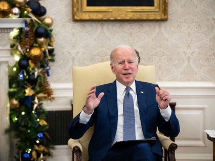 WASHINGTON, DC - DECEMBER 13: U.S. President Joe Biden speaks during a briefing about the recent tornadoes in the Midwest in the Oval Office of the White House December 13, 2021 in Washington, DC. More than 60 people were killed, and officials fear the number will grow after a series …