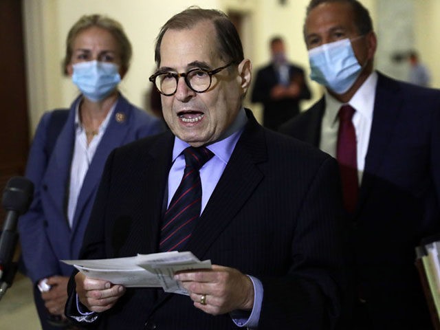WASHINGTON, DC - JULY 09: Committee Chairman Rep. Jerry Nadler (D-NY) (C), Rep. Madeleine Dean (D-PA) (L) and Rep. David Cicilline (D-RI) speak to the media after a closed-door transcribed interview with Geoffrey Berman, the former U.S. Attorney for the Southern District of New York at Rayburn House Office Building …
