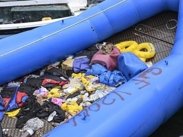 LAMPEDUSA, ITALY - AUGUST 04: An inflatable boat used by migrants landed in recent days in