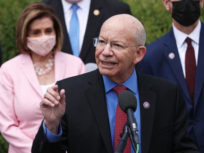 WASHINGTON, DC - MAY 12: House Transportation and Infrastructure Committee Chairman Rep. Peter DeFazio (D-OR) speaks about infrastructure during a news conference with Speaker of the House Nancy Pelosi (D-CA), big city mayors and members of Congress outside the U.S. Capitol on May 12, 2021 in Washington, DC. Pelosi met …
