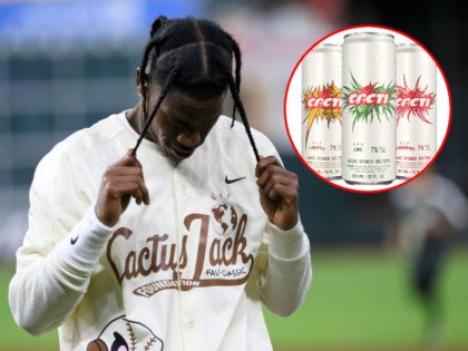 (INSET: Cacti Hard Seltzer) Travis Scott seen during the 2021 Cactus Jack Foundation fall classic softball game at Minute Maid Park on November 04, 2021 in Houston, Texas. (Photo by Bob Levey/Getty Images)