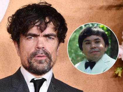 (INSET: Hervé Villechaize) Peter Dinklage attends the UK Premiere of "Cyrano" at Odeon Luxe Leicester Square on December 07, 2021 in London, England. (Photo by Kate Green/Getty Images)