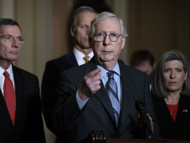 WASHINGTON, DC - DECEMBER 07: Senate Minority Leader Mitch McConnell (R-KY) speaks at a news conference after a weekly Republican policy luncheon at the U.S. Capitol on December 07, 2021 in Washington, DC. McConnell spoke on the progress made in negotiations with Senate Majority Leader Chuck Schumer (D-NY) to vote …