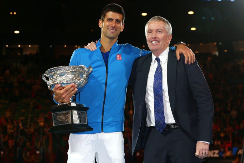 MELBOURNE, AUSTRALIA - FEBRUARY 01: Novak Djokovic of Serbia holds the Norman Brookes Challenge Cup as he poses with Tournament Director of the Australian Open, Craig Tiley after winning his men's final match against Andy Murray of Great Britain during day 14 of the 2015 Australian Open at Melbourne Park on February 1, 2015 in Melbourne, Australia. (Photo by Clive Brunskill/Getty Images)