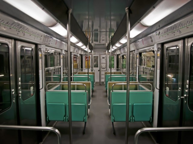 An empty Paris Metro carriage in the early morning