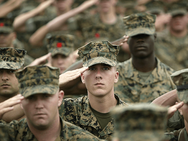 U.S. Marines and sailors of the 1MEF (1st Marine Expeditionary Force) salute the flag prior to the arrival of U.S. Vice President Dick Cheney during a campaign stop July 27, 2004 in Camp Pendleton, California. Vice President Cheney is on a campaign tour of California as the Democrats hold their …