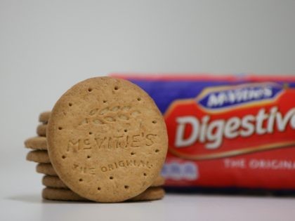 Biscuits from an opened 400g packet of McVitie's Digestives are pictured, in London on Jan