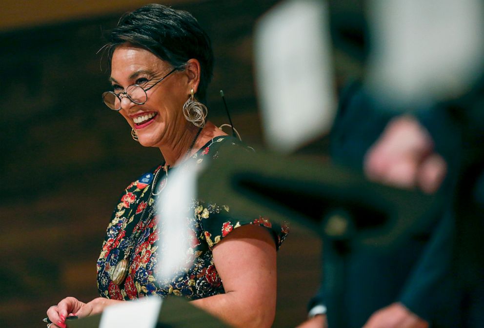 Harriet Hageman smiles during gubernatorial debate in Casper, Wyo., Aug. 1, 2018.