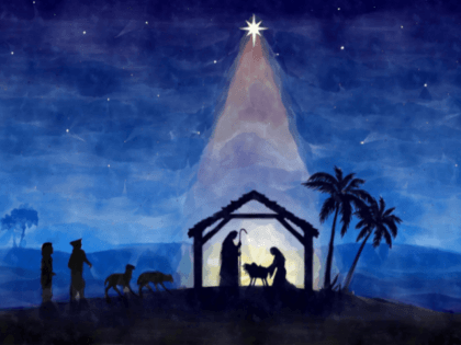 Christmas Nativity in the desert, watercolor painting sketch. Greeting card background. - stock illustration Jesus Nativity in the stable. Figures are in black silhouette against blue starry sky, in the desert setting. Watercolor painting sketch digitally made.