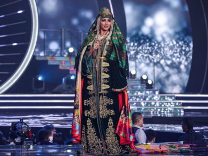 Miss Morocco, Kawtar Benhalima, appears on stage during the national costume presentation of the 70th Miss Universe beauty pageant in Israel's southern Red Sea coastal city of Eilat on December 10, 2021. (Photo by Menahem KAHANA / AFP) (Photo by MENAHEM KAHANA/AFP via Getty Images)