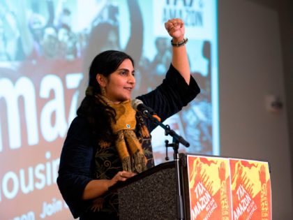 Seattle City Councilmember Kshama Sawant addresses supporters during her inauguration and "Tax Amazon 2020 Kickoff" event in Seattle, Washington on January 13, 2020. (Photo by Jason Redmond / AFP) (Photo by JASON REDMOND/AFP via Getty Images)
