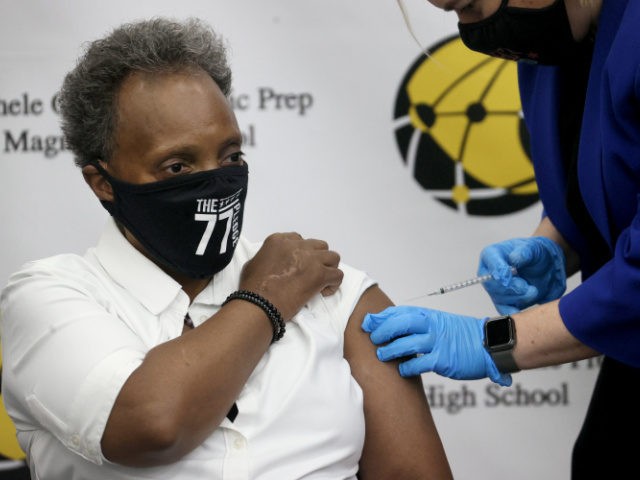 Chicago Mayor Lori Lightfoot gets a COVID-19 booster vaccine at Michele Clark High School on November 12, 2021 in Chicago, Illinois. The city of Chicago closed all public schools today, declaring the day Vaccination Awareness Day, with the hope of getting as many students as possible vaccinated against COVID-19. (Photo …
