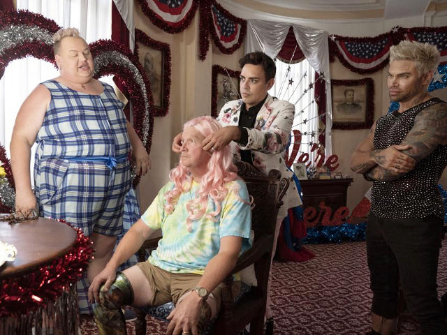 This image released by HBO shows Eureka O'Hara, left, and Pastor Craig Duke, of Newburgh, Ind., seated, in a scene from the HBO series "We're Here." Duke’s pastoral duties have been terminated – the result of a bitter rift surfacing in his Indiana church after he sought to demonstrate solidarity …