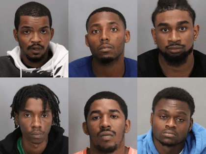 From top left, Anthony Michael Robinson, 24, of Stockton, Cameron Alonzo Moody, 27, of East Palo Alto, Derje Damond Blanks, 23, of San Jose, and, from bottom left, Hassani Burleson Ramsey, 24, of Oakland, Clarence Jackson, 21, of East Palo Alto, and Malik Short, 21, of Tracy, were arrested in …