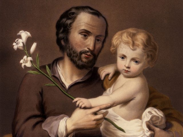 Circa 1 AD, St Joseph or San Jose, the husband of the Virgin Mary. With his left hand he supports the infant Jesus, while in his right, he holds a jasmine stalk. Original Artwork: Lithograph by Geoffroy. (Photo by Hulton Archive/Getty Images)