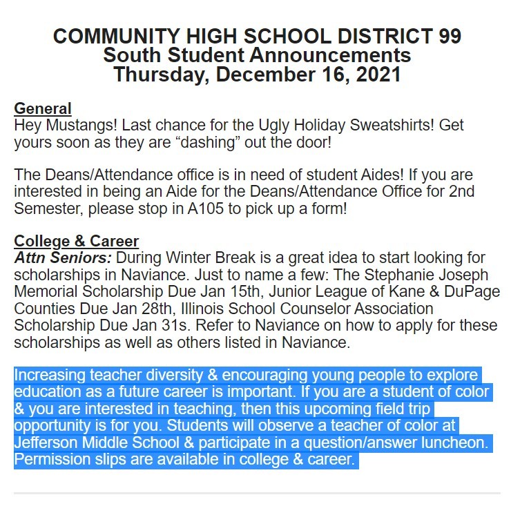 Downers Grove South High School student announcement. (Screenshot via https://us11.campaign-archive.com/)