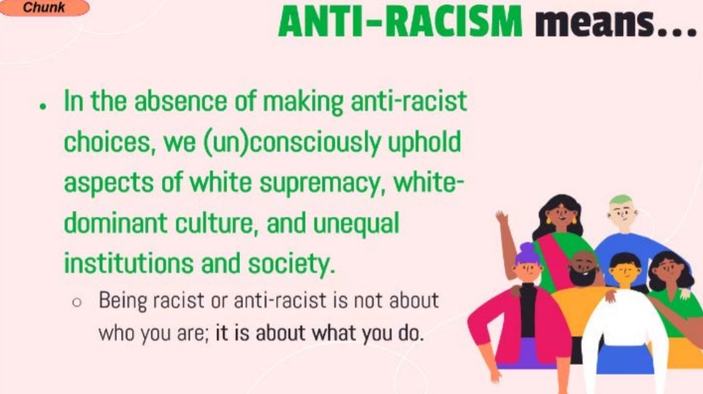 Albemarle County "Anti-Racism means..." slide. (Screenshot via Lawsuit).
