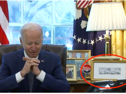 Joe Biden displays Hagar the Horrible cartoon in the Oval Office (C-SPAN.org)
