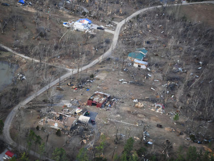 In this aerial image: tornado damage is seen in Dawson Springs, Kentucky, on December 15, 2021. - Biden will tour areas devastated by the December 10-11 tornadoes. (Photo by Brendan Smialowski / AFP) (Photo by BRENDAN SMIALOWSKI/AFP via Getty Images)