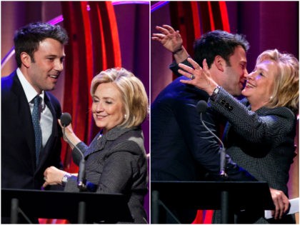 NEW YORK - SEPTEMBER 25: Actor, Ben Affleck embraces former US Secretary of State, Hillary Clinton, during the annual Clinton Global Initiative (CGI) award ceremony on September 25, 2013 in New York City. Timed to coincide with the United Nations General Assembly, CGI brings together heads of state, CEOs, philanthropists …