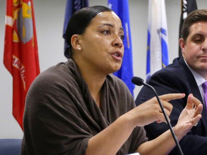 FILE - Suffolk County District Attorney Democratic candidate Rachael Rollins, left, takes questions directly from inmates on June 26, 2018, during a forum at the Suffolk County House of Correction at South Bay, in Boston. Rollins was confirmed Wednesday, Dec. 8, 2021, by the Senate to be U.S. attorney for …