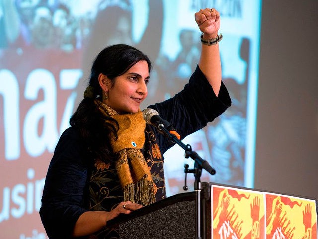 Seattle City Councilmember Kshama Sawant addresses supporters during her inauguration and