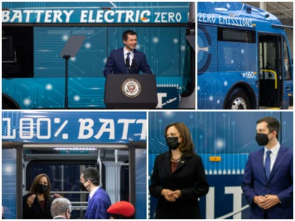 Vice President Kamala Harris (center) tours the electric vehicle operations at Charlotte Area Transit Systems bus garage with CATS CEO John Lewis (right) in Charlotte, North Carolina on December 2, 2020. - Vice President Harris is in Charlotte discussing the impacts of the 1 trillion dollar Bipartisan Infrastructure Bill passed …