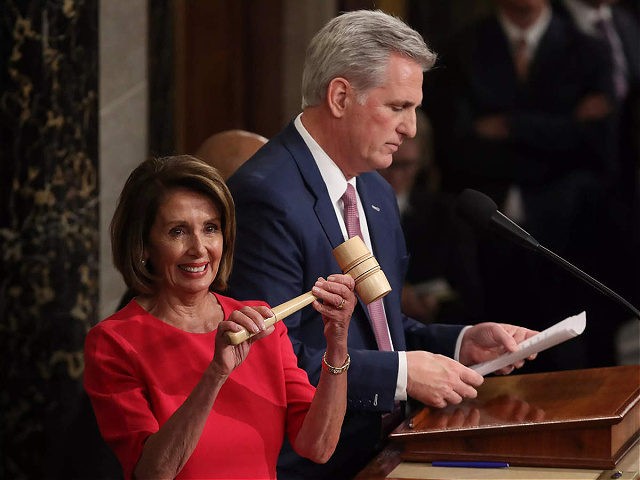 WASHINGTON, DC - JANUARY 03: Speaker of the House Nancy Pelosi (D-CA) smiles after receiving the gavel from Rep. Kevin McCarthy (R) (R-CA) following her election as the next Speaker of the House during the first session of the 116th Congress at the U.S. Capitol January 03, 2019 in Washington, …