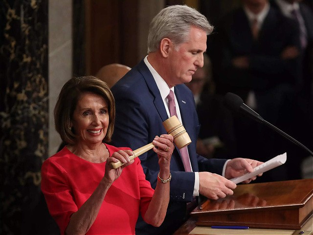 WASHINGTON, DC - JANUARY 03: Speaker of the House Nancy Pelosi (D-CA) smiles after receiving the gavel from Rep. Kevin McCarthy (R) (R-CA) following her election as the next Speaker of the House during the first session of the 116th Congress at the U.S. Capitol January 03, 2019 in Washington, DC. Under the cloud of a partial federal government shutdown, Pelosi reclaimed her former title as speaker and her fellow Democrats took control of the House of Representatives for the second time in eight years.(Photo by Win McNamee/Getty Images)