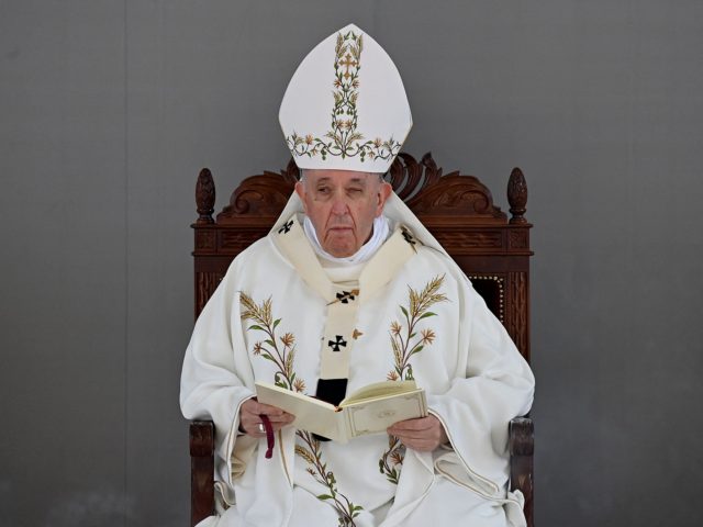 Pope Francis celebrates mass at Nicosia's main football stadium, in the Cypriot capital Nicosia, Europe's last divided capital, on December 3, 2021. - Pope Francis spoke to thousands of Catholics at an open-air mass in Cyprus on Friday, the second day of a visit to the divided island that has ...