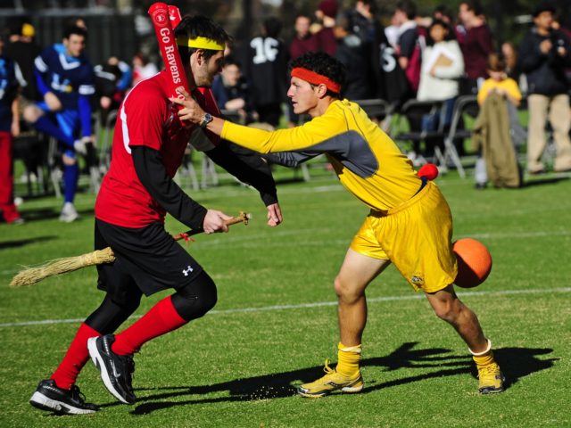 Competitors take part in a match of Quidditch, Harry Potter's magical and fictional game, during the 4th Quidditch World Cup in New York on November 13, 2010. Quidditch, the brainchild of Harry Potter author J.K. Rowling, has taken flight in some 400 colleges and 300 high schools in North America, …