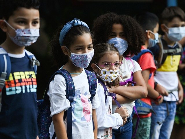 Students with face masks line up on the schoolyard of the Petri primary school in Dortmund, western Germany, on August 12, 2020, amid the novel coronavirus COVID-19 pandemic. - Schools in the western federal state of North Rhine-Westphalia re-started under strict health guidelines after the summer holidays. (Photo by Ina …
