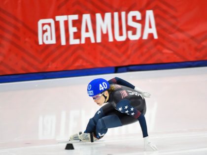 KEARNS, UTAH - DECEMBER 19: Kristen Santos competes in the Women's 500 meter quarterfinal on Day 3 of the US Short Track Speed Skating Olympic Trials at Utah Olympic Oval on December 19, 2021 in Kearns, Utah. (Photo by Alex Goodlett/Getty Images)