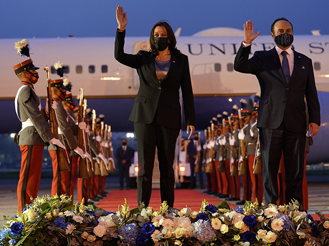 Vice President Kamala Harris and Guatemala's Minister of Foreign Affairs Pedro Brolo wave at her arrival ceremony in Guatemala City, Sunday, June 6, 2021, at Guatemalan Air Force Central Command. Harris on Monday, Dec. 13, 2021, is announcing $1.2 billion in commitments from international businesses to support the economies and …