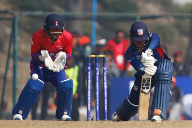 US cricketer Akshay Homraj plays a shot during a match against Nepal last year