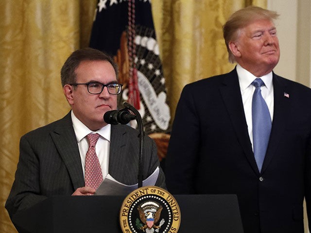 Environmental Protection Agency Administrator Andrew Wheeler speaks as President Donald Trump stands nearby during an event about the environment in the East Room of the White House, Monday, July 8, 2019, in Washington. (AP Photo/Alex Brandon)
