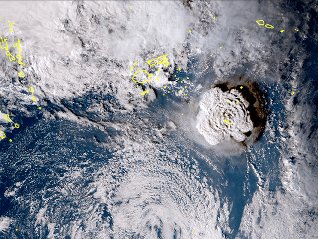 In this satellite image taken by Himawari-8, a Japanese weather satellite, and released by the agency, shows an undersea volcano eruption at the Pacific nation of Tonga Saturday, Jan. 15, 2022. An undersea volcano erupted in spectacular fashion near the Pacific nation of Tonga on Saturday, sending large waves crashing …