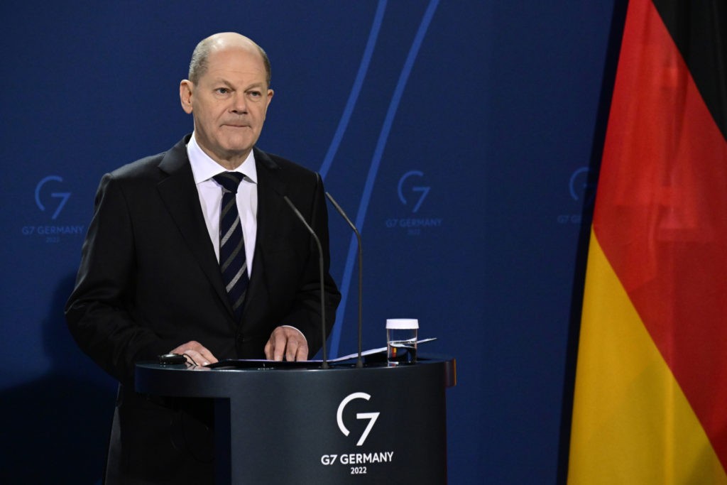 German Chancellor Olaf Scholz speaks during a media conference with French President Emmanuel Macronhead of their meeting at the chancellery in Berlin, Germany, Tuesday, Jan. 25, 2022. German and French leaders are meeting in Berlin over the Ukraine crisis and other European issues. (Tobias Schwarz/Pool Photo via AP, File)