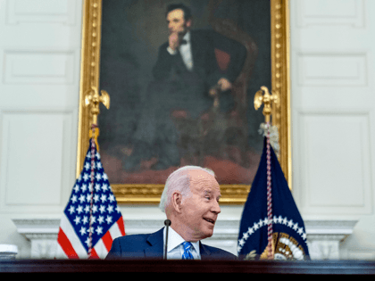 President Joe Biden speaks during a meeting with private sector CEOs about the economy in the State Dining Room of the White House in Washington, Wednesday, Jan. 26, 2022. (AP Photo/Andrew Harnik)